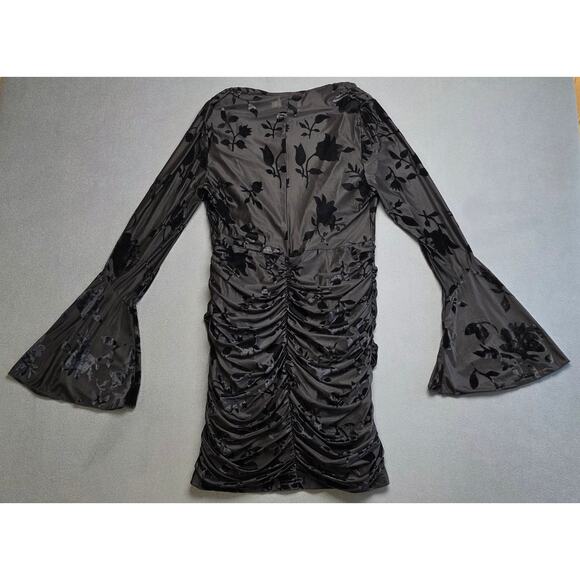 Hello Molly Size 8 Large Black Velvet Ruched Mini Dress Deep V Neck Bell Sleeves - Picture 10 of 11